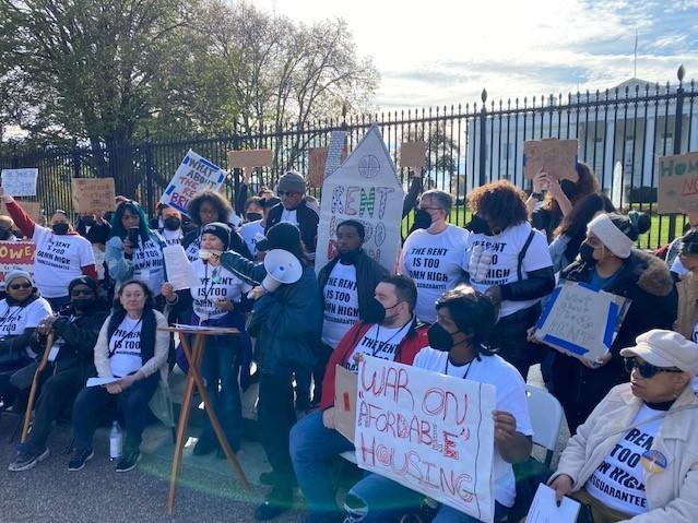 Tenant activists from around the country rally outside the White House on Nov. 16 in Washington, D.C. They want the Biden administration to regulate rent increases on federally backed housing.