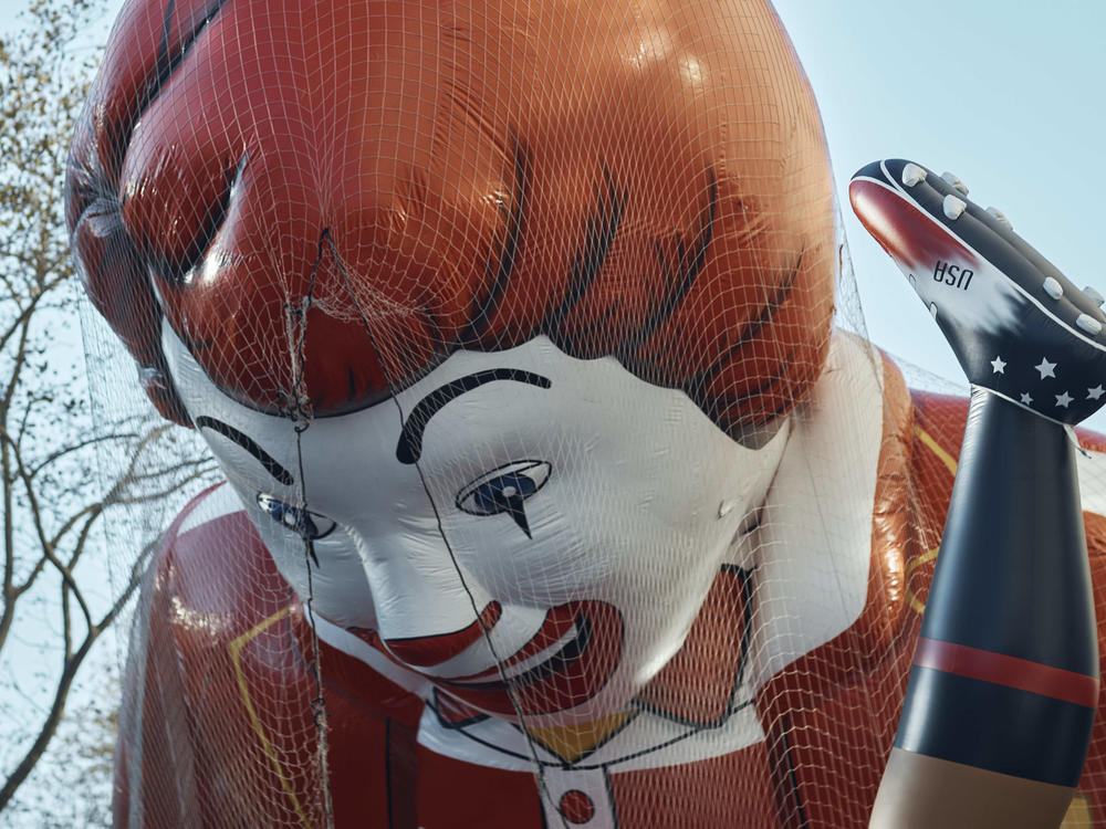 An inflated helium balloon of Ronald McDonald is seen on Wednesday, as the balloon is readied for the Macy's Thanksgiving Day Parade.