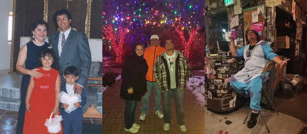From left: Eric Salazar, his parents Frances and Robert, and his sister, Lexi, circa 1999; Salazar and his parents at the Denver Botanic Gardens in 2022; Salazar working the door at Denver's Seventh Circle Music Collective in 2022.