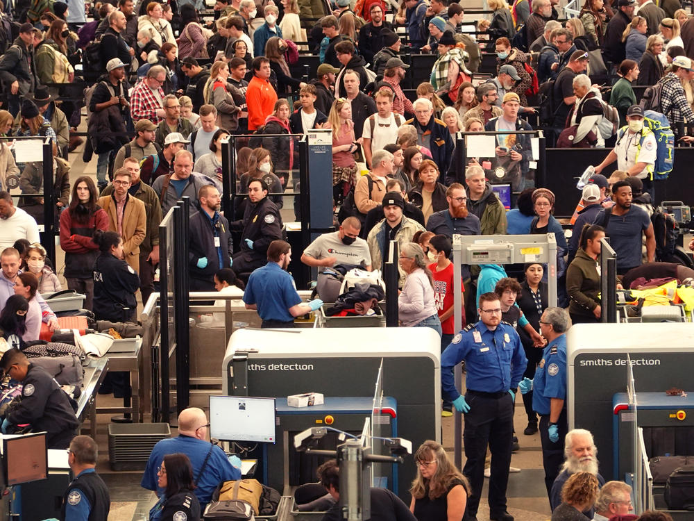 A crowded security checkpoint at Denver International Airport on Nov. 22, days before Thanksgiving.