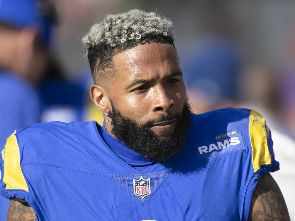 Wide receiver Odell Beckham Jr. is shown walking on the sideline during a NFL divisional playoff football game against the Tampa Bay Buccaneers on Jan. 23, 2022, in Tampa, Fla.