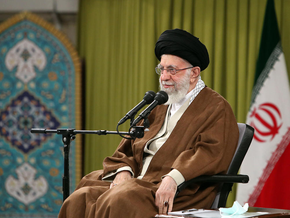 In this picture released by the official website of the office of the Iranian supreme leader, Supreme Leader Ayatollah Ali Khamenei speaks during a meeting with a group of Basij paramilitary force in Tehran, Iran, Nov. 26, 2022.