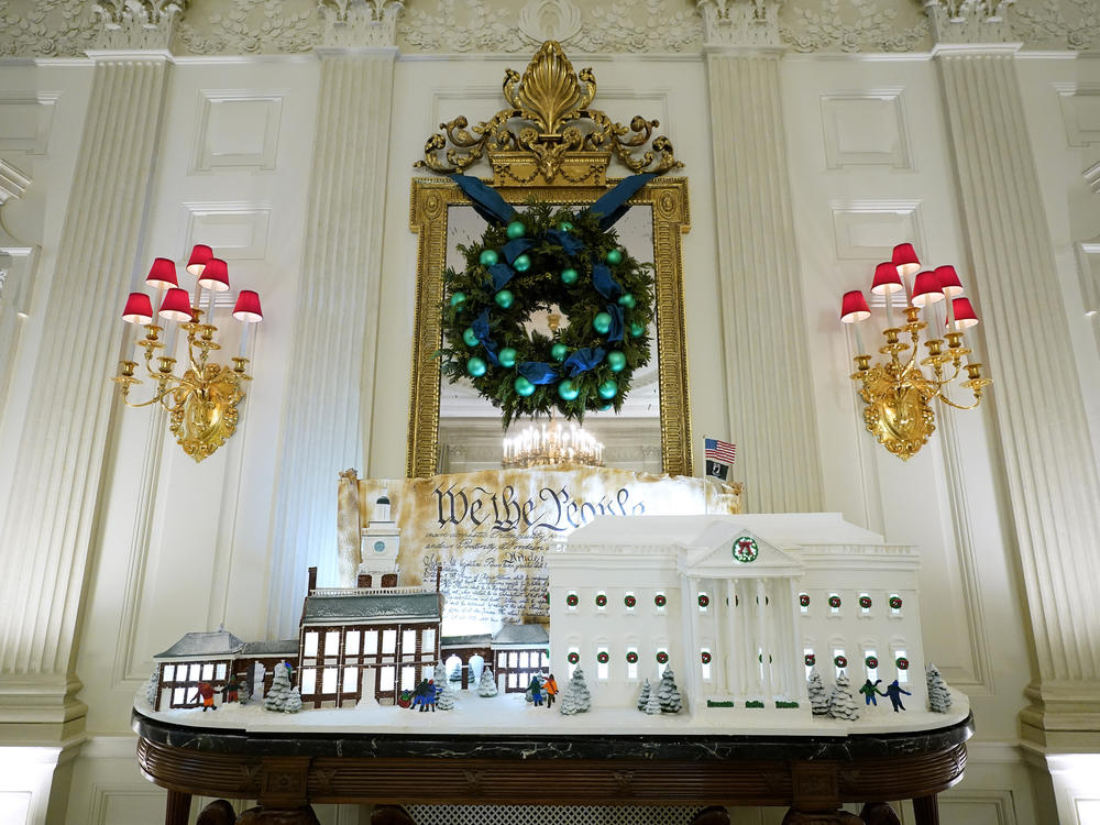 In the State Dining Room is this year's Gingerbread White House, and next to it, a sugar cookie replica of Independence Hall in Philadelphia.