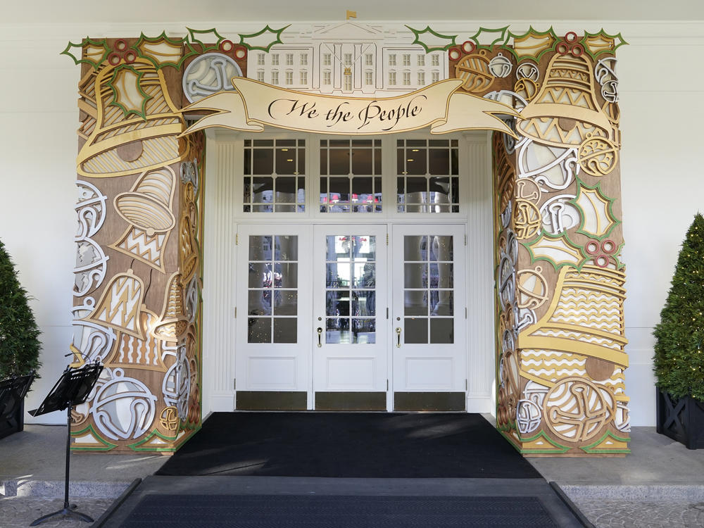 The entrance to the East Wing of the White House displays the 