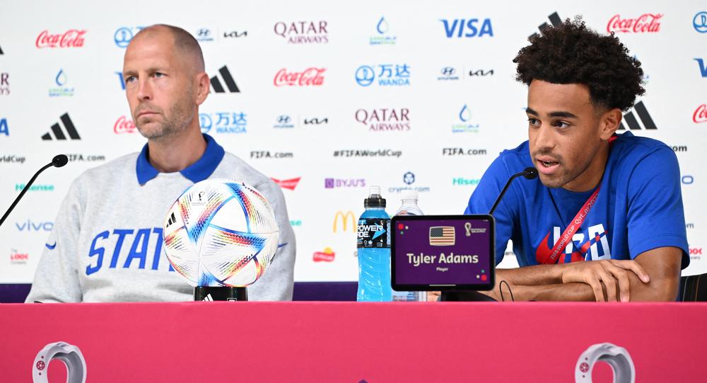 U.S. coach Gregg Berhalter and team captain Tyler Adams give a press conference at the Qatar National Convention Center in Doha on Monday ahead of the match between the U.S. and Iran.