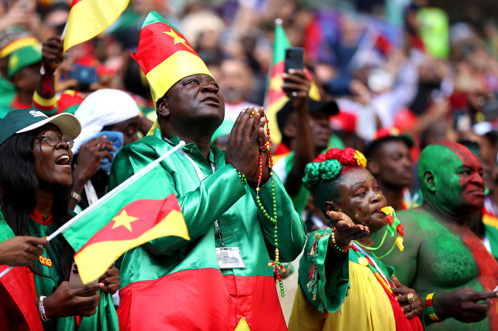 Cameroon's fans enjoy the pre-match atmosphere prior to a 2022 World Cup Group G match between Cameroon and Serbia on Monday, Nov. 28, 2022, at the Al Janoub stadium in Al Wakrah, Qatar.