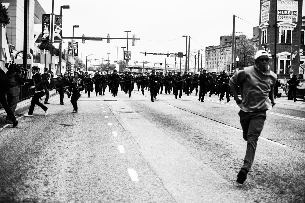 A 2015 protest in downtown Baltimore, Md., over the death of Freddie Gray in Baltimore police custody.