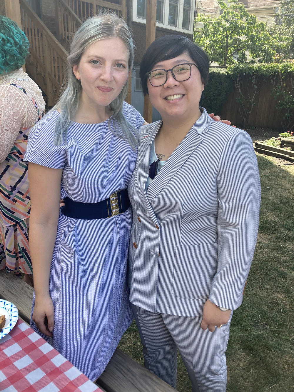 Left, a party guest, and right, Kate L.'s wife C.C., who co-hosted a themed brunch to celebrate a new seersucker suit.