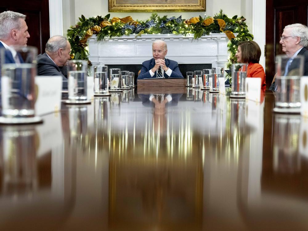 President Joe Biden meets with congressional leaders to discuss legislative priorities for the rest of the year on Tuesday at the White House in Washington. From left: House Minority Leader Kevin McCarthy, Senate Majority Leader Chuck Schumer, Biden, House Speaker Nancy Pelosi, and Senate Minority Leader Mitch McConnell.