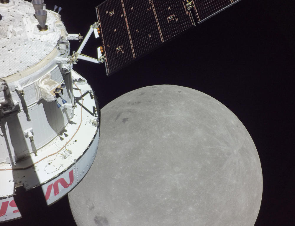 A camera at the end of one of the Orion capsule's solar arrays took this image showing the far side of the moon.