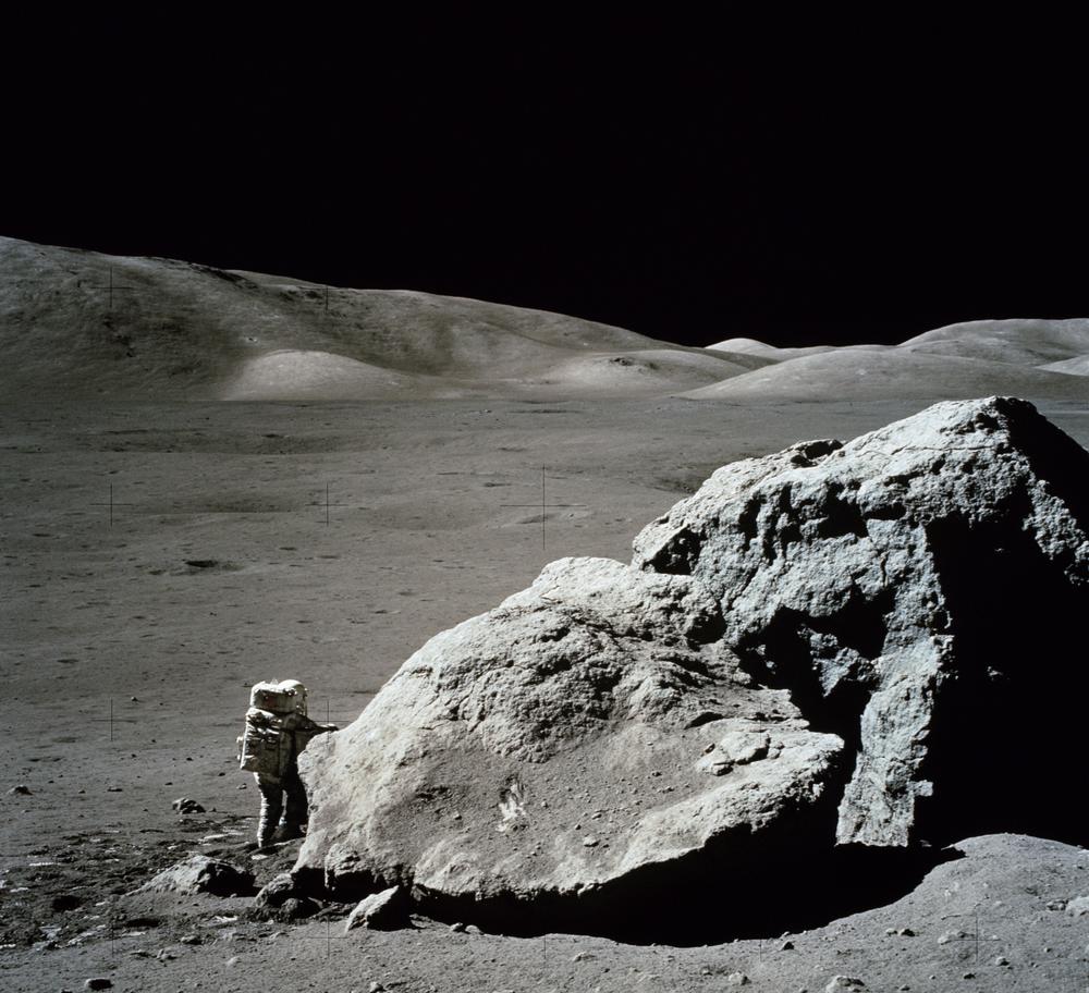 On the final spacewalk ever, Harrison Schmitt was photographed standing next to a huge lunar boulder by his astronaut partner Eugene Cernan, the last person to walk on the moon.