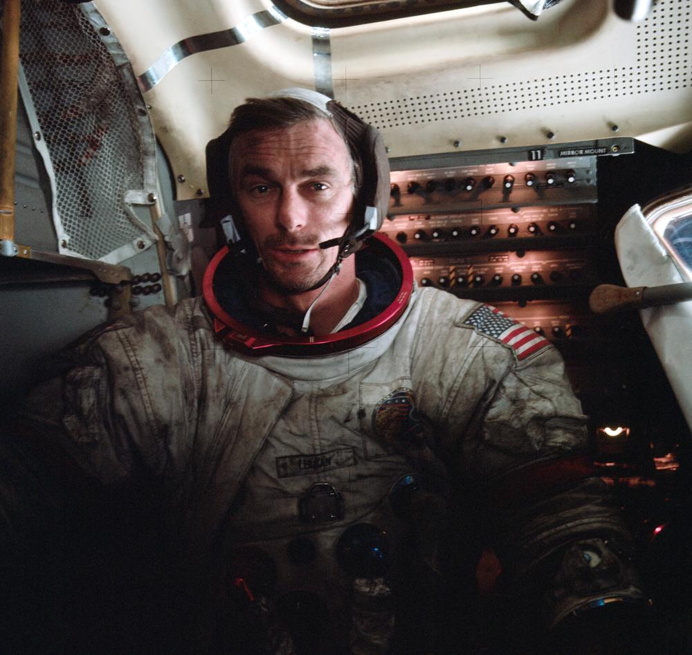 Apollo 17 commander Eugene Cernan is covered in lunar dust after the mission's second moonwalk. On December 14, 1972, Cernan took his final steps on the moon and no one has been back since.