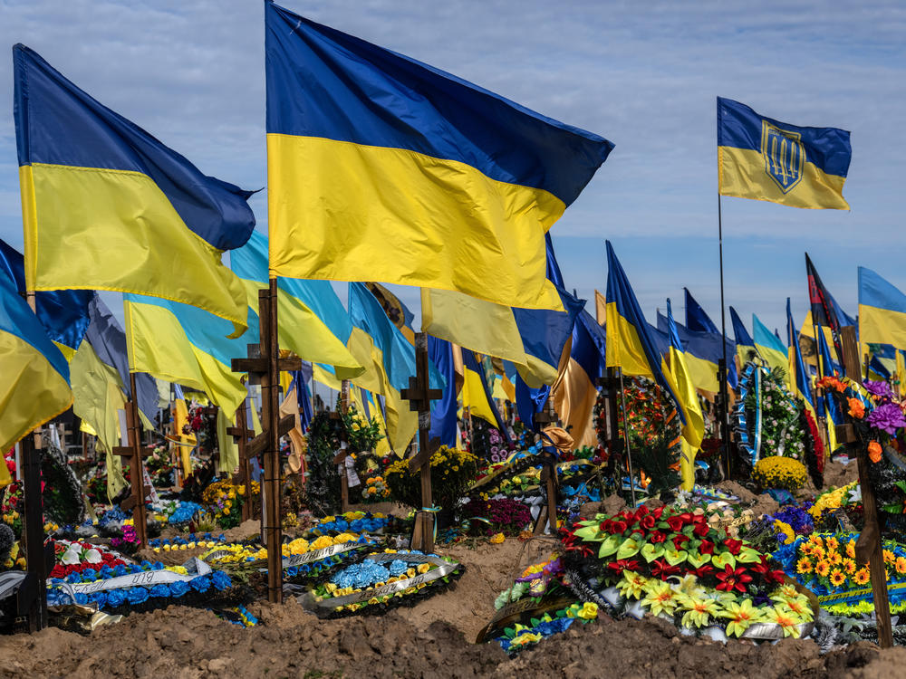 Ukrainian flags fly in Kharkiv, Ukraine, on Oct. 19, marking the graves of soldiers killed in action following the Russian invasion earlier this year.