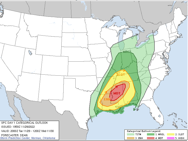 Weather forecasters are warning of severe thunderstorms and tornadoes across parts of the South.