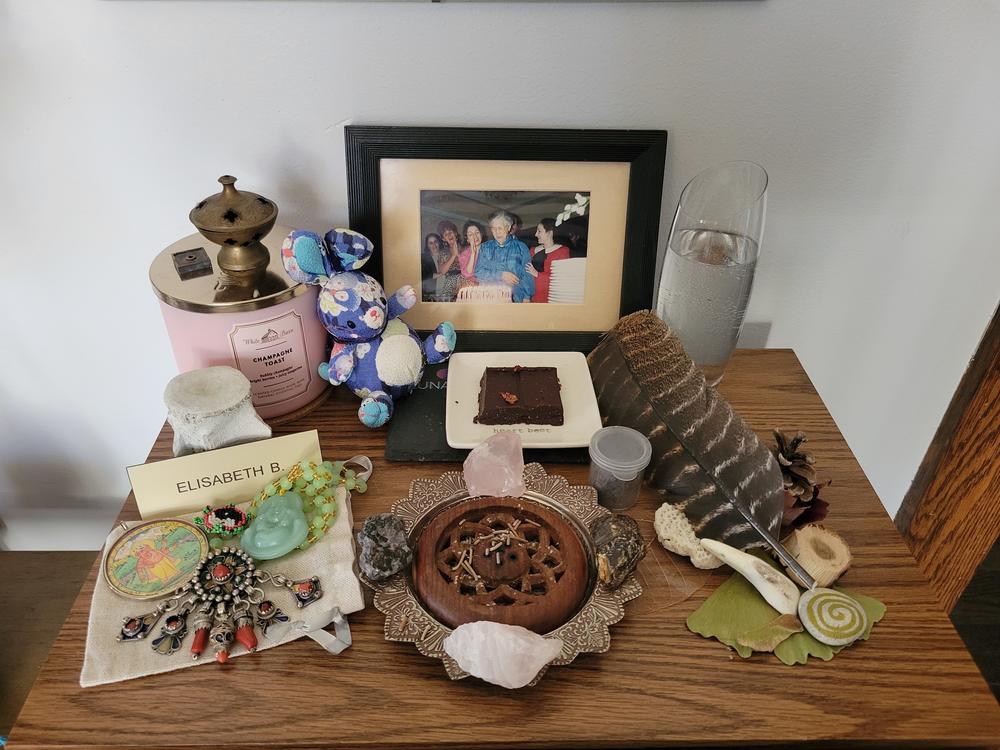 Sunny BenBelkacem's altar includes a brooch that represents her Berber family, a pendant of the Hindu god Ganesh that represents her love of elephants and a jade Buddha representing her mother.