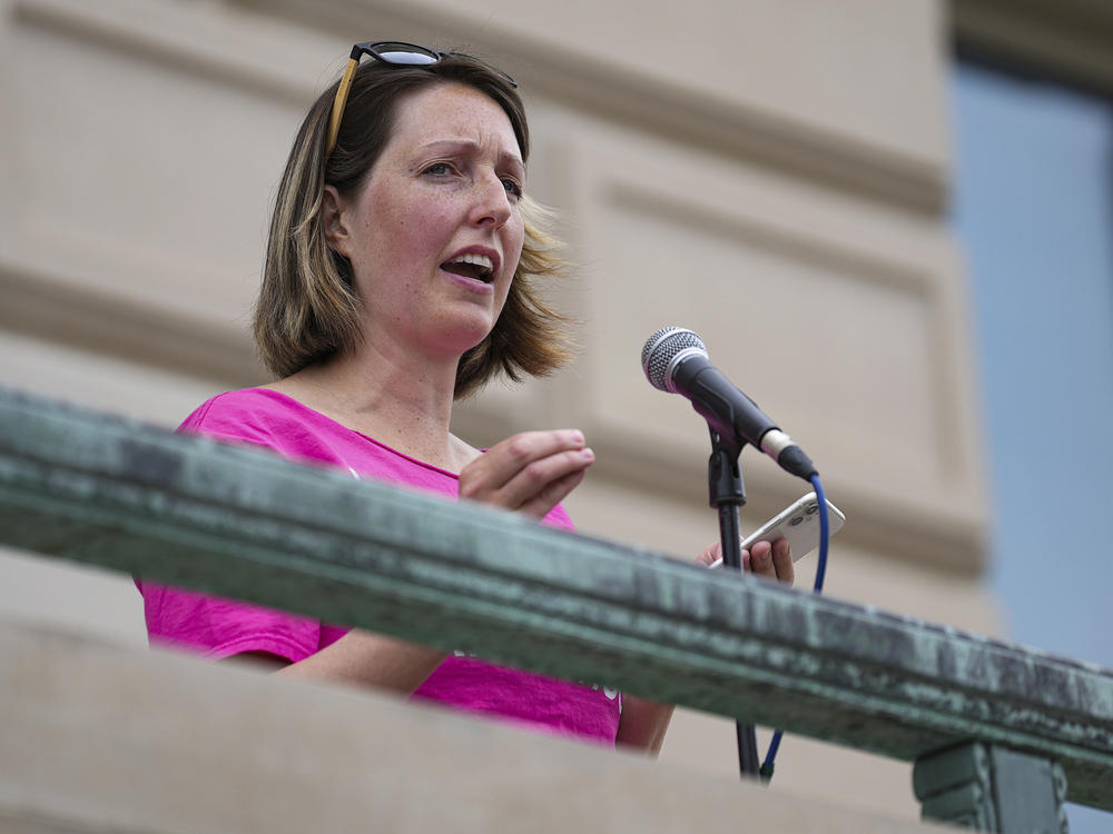 Dr. Caitlin Bernard, a reproductive health care provider, speaks during an abortion rights rally on June 25, 2022, at the Indiana Statehouse in Indianapolis.