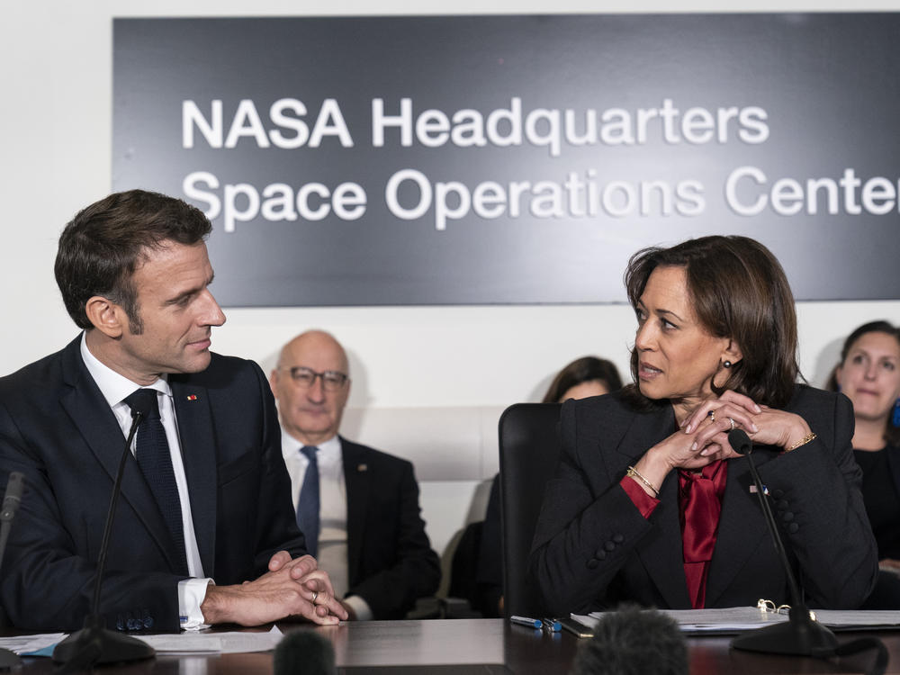 French President Emmanuel Macron, left, and Vice President Kamala Harris speak during a meeting to highlight space cooperation between the two countries at NASA headquarters in Washington, on Wednesday.