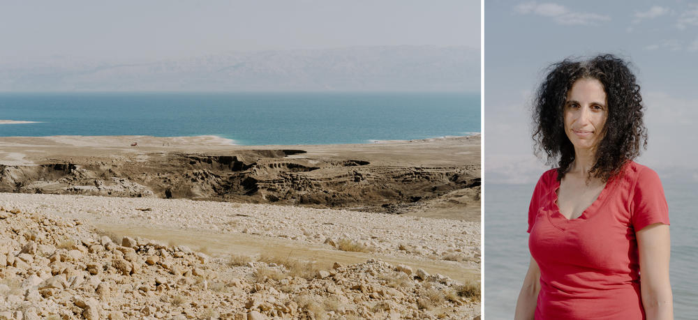 Left: Sinkholes near the western shores of the Dead Sea. Right: Researcher Yael Kiro from Israel's Weizmann Institute of Science at the Dead Sea on Nov. 5.