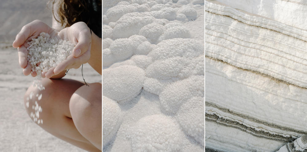 Left: Rachel Kiro, 13, the daughter of Dead Sea researcher Yael Kiro from Israel's Weizmann Institute of Science, gathers pearls of salt on a Dead Sea shore. Center: Salt formations on the recently-exposed shoreline of the Dead Sea. Right: Layers of salt on the shore of the Dead Sea on Nov. 5.