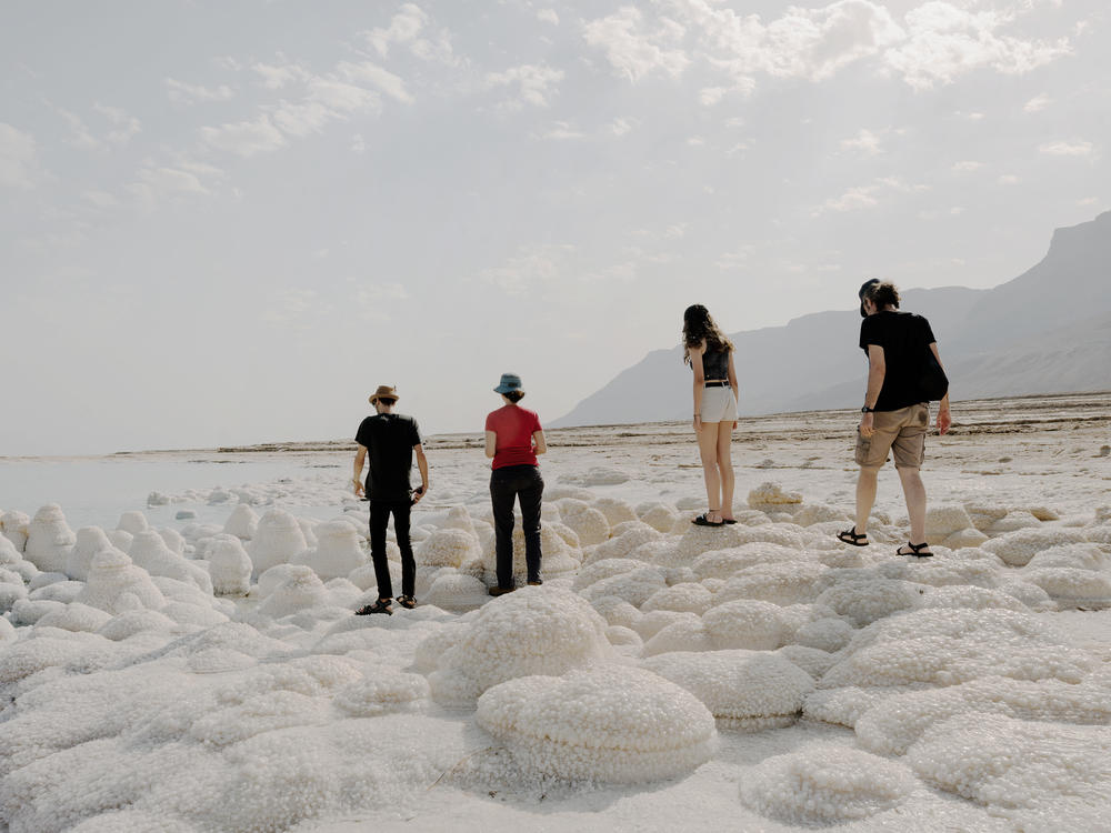 Visitors, including Dead Sea researcher Yael Kiro from Israel's Weizmann Institute of Science (second from left), examine salt formations on the shore of the Dead Sea in Israel on Nov. 5.