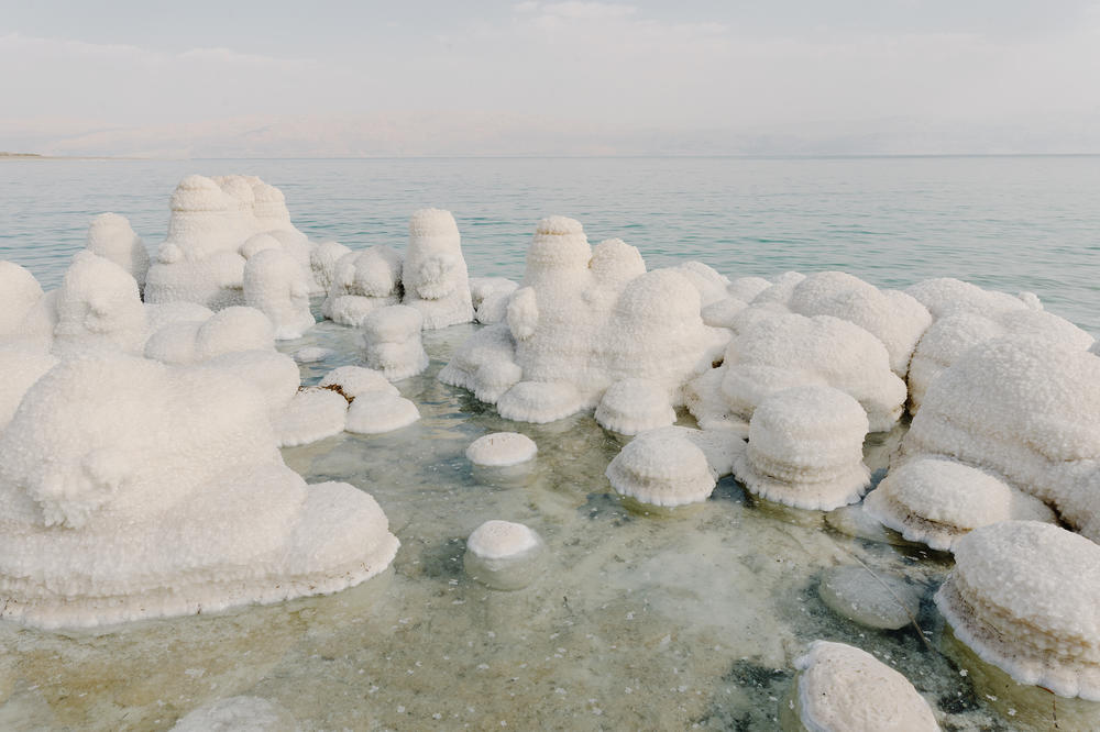 Salt formations are revealed where the Dead Sea waters have dried up.