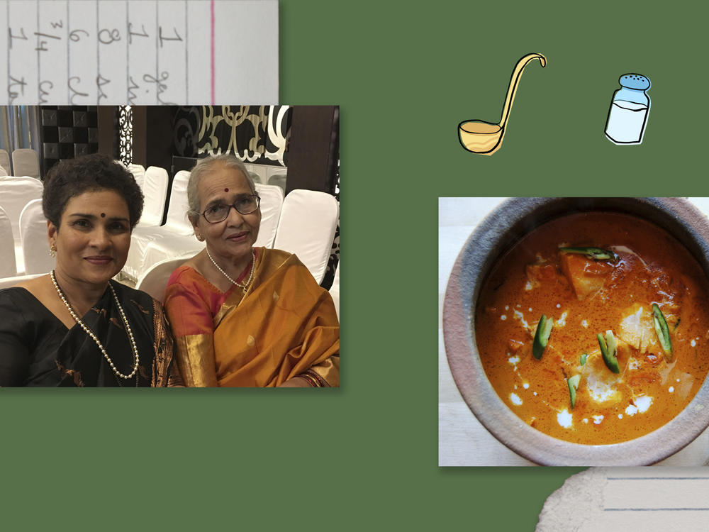 Left: Sujata Halarnkar and her mother, Sulochana Shridhankar. Right: Fish curry.
