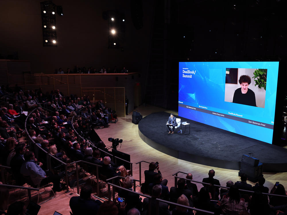 Andrew Ross Sorkin speaks with FTX founder Sam Bankman-Fried during the New York Times DealBook Summit in the Appel Room at the Jazz At Lincoln Center on November 30, 2022 in New York City.