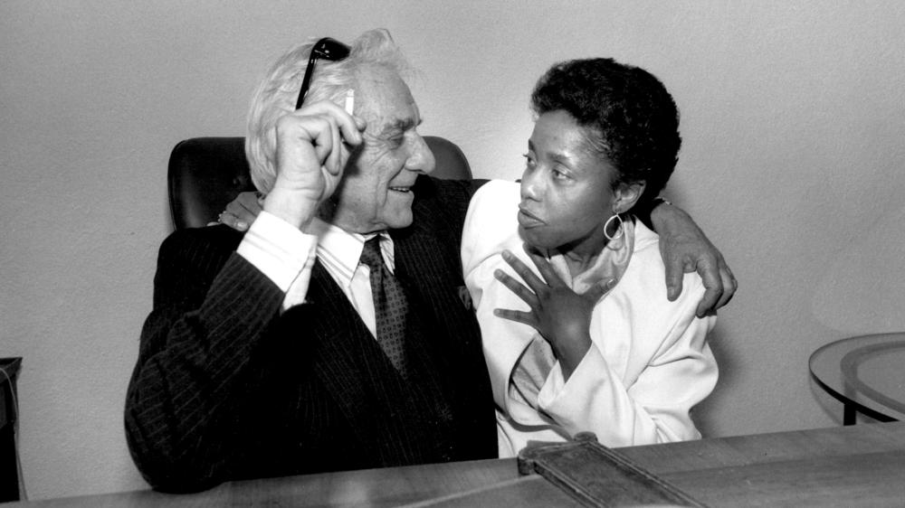 Tania León with Leonard Bernstein in 1988. León studied conducting with Bernstein and Seiji Ozawa at Tanglewood.