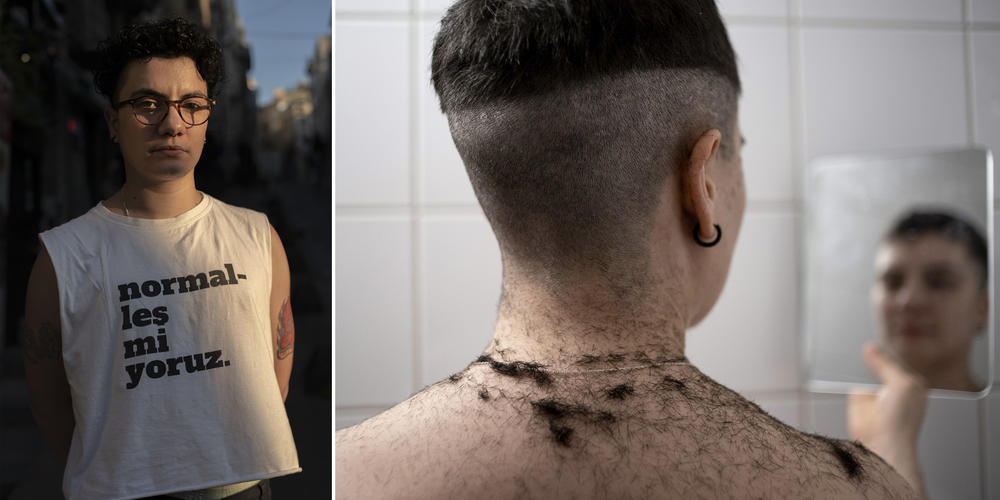Left: Meriç, a trans non-binary sociologist and a member of Atletik Dildoa, the soccer team that organizes the Queer Olympix, in Istanbul in 2021. Their shirt says 