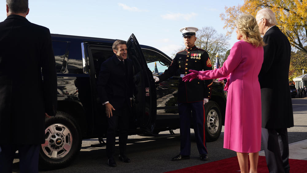 President Joe Biden and first lady Jill Biden welcome French President Emmanuel Macron and his wife Brigitte Macron during a state arrival ceremony on the South Lawn of the White House on Thursday.