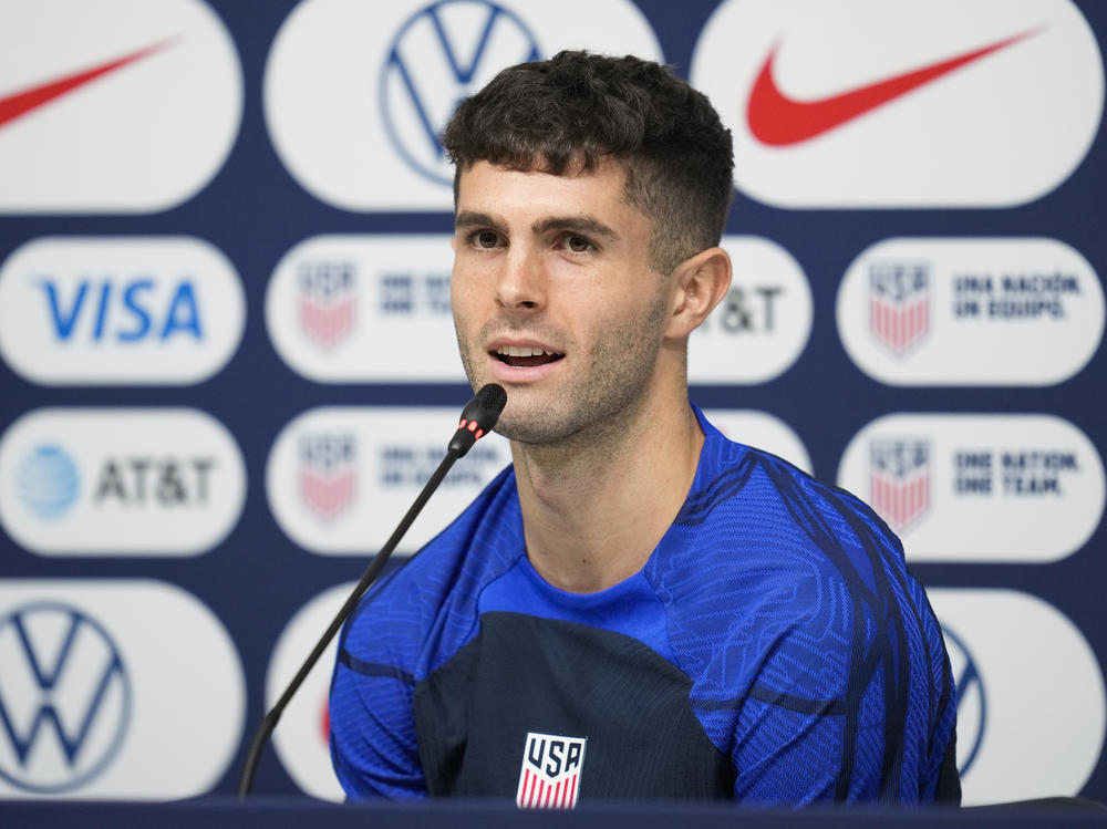 Christian Pulisic of the United States attends a news conference before a training session at Al-Gharafa SC Stadium, in Doha, Thursday, Dec. 1, 2022.