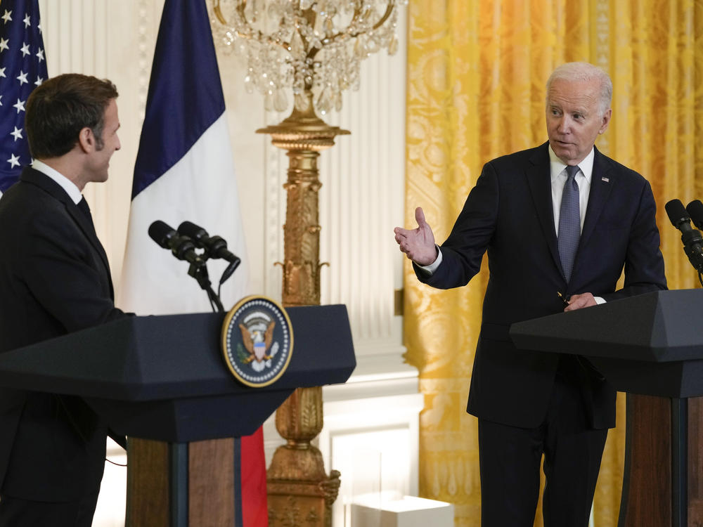 President Joe Biden speaks during a news conference with French President Emmanuel Macron in the East Room of the White House on Thursday.