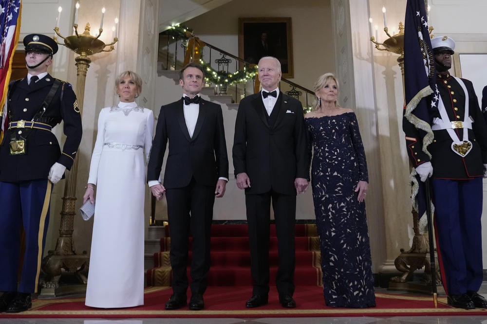 President Biden and first lady Jill Biden pose for a photo with French President Emmanuel Macron and his wife Brigitte Macron in the Grand Foyer of the White House before Thursday's State Dinner in Washington, D.C.