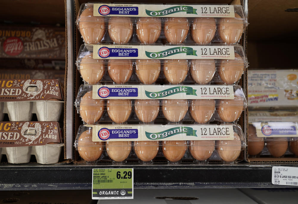 Egg prices have risen this year, as aggressive measures against avian influenza disrupted the U.S. industry. Here, eggs sit on a supermarket shelf in San Mateo County, Calif.