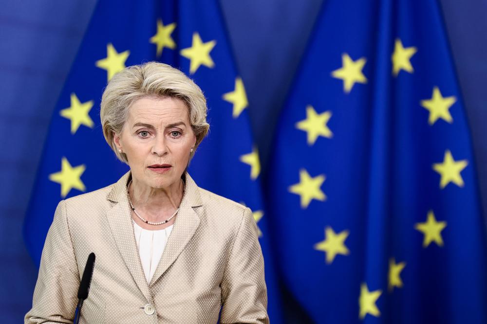 European Commission President Ursula von der Leyen holds a press conference at the EU headquarters in Brussels, on Sept. 28, as the EU proposed a sanctions package against Russia, including an oil price cap, following Kremlin-staged referendums in occupied territories of Ukraine.