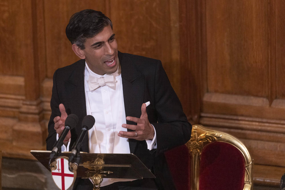 British Prime Minister Rishi Sunak speaks at the Lord Mayor's Banquet at the Guildhall in London on Monday, making his first major foreign policy speech as prime minister.