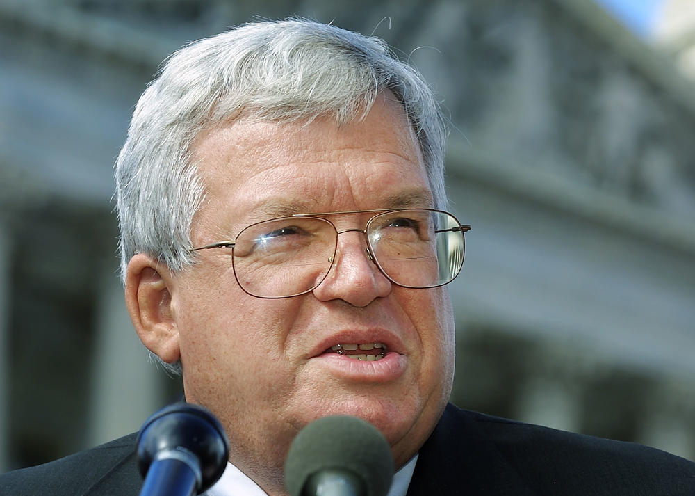 House Speaker Dennis Hastert, talks to the press October 17, 2001, outside the Capitol building in Washington, DC.