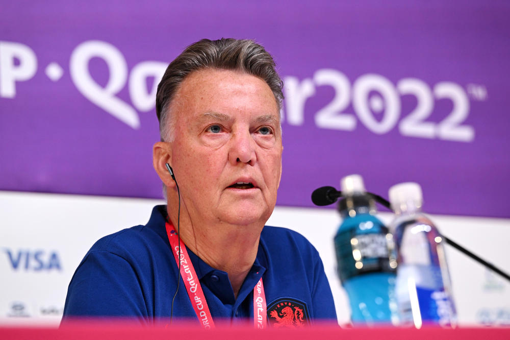 Louis van Gaal, head coach of the Netherlands men's soccer squad, speaks during a news conference on Dec. 2, 2022, in Doha, Qatar.