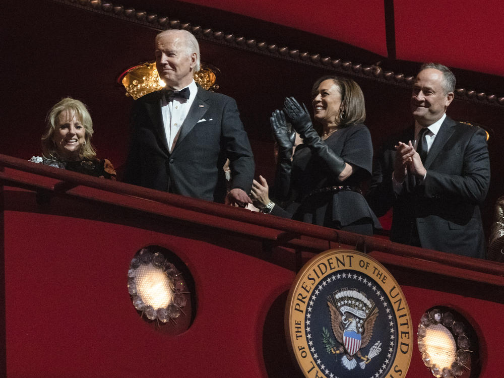 President Biden, first lady Jill Biden, Vice President Harris and second gentleman Doug Emhoff attend the 45th Kennedy Center Honors at the John F. Kennedy Center for the Performing Arts in Washington, D.C., on Sunday.