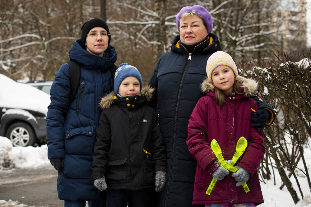 Tetiana Tolstobrova, right, with her daughter and grandchildren in Kyiv on Wednesday.
