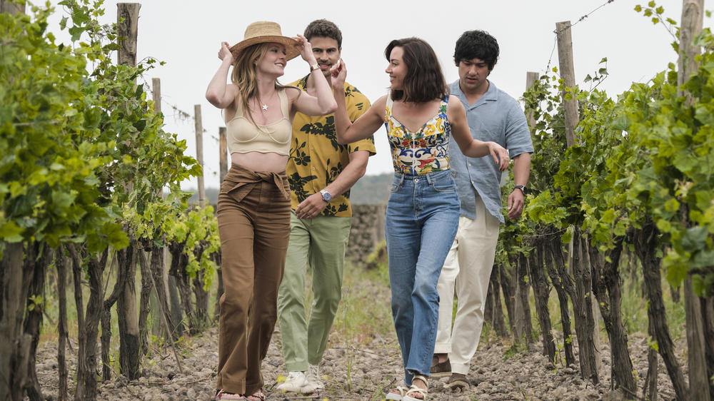 From left, Meghann Fahy, Theo James, Aubrey Plaza and Will Sharpe in Season Two of <em>The White Lotus</em>.