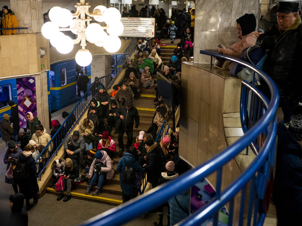 Civilians take shelter in Akademmistechko Metro during an air alert on Monday in Kyiv, Ukraine. Russia renewed its missile attacks across Ukraine on Monday.