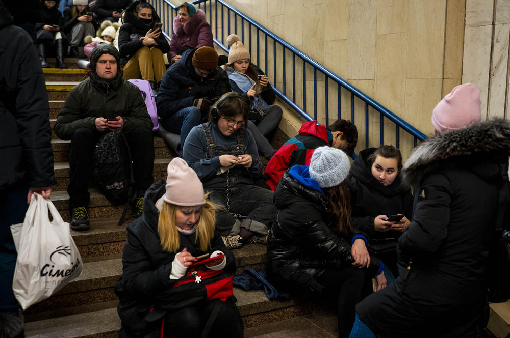 Civilians take shelter in Akademmistechko Metro during an air alert in Kyiv on Monday. Russia renewed its missile attacks across Ukraine on Monday.