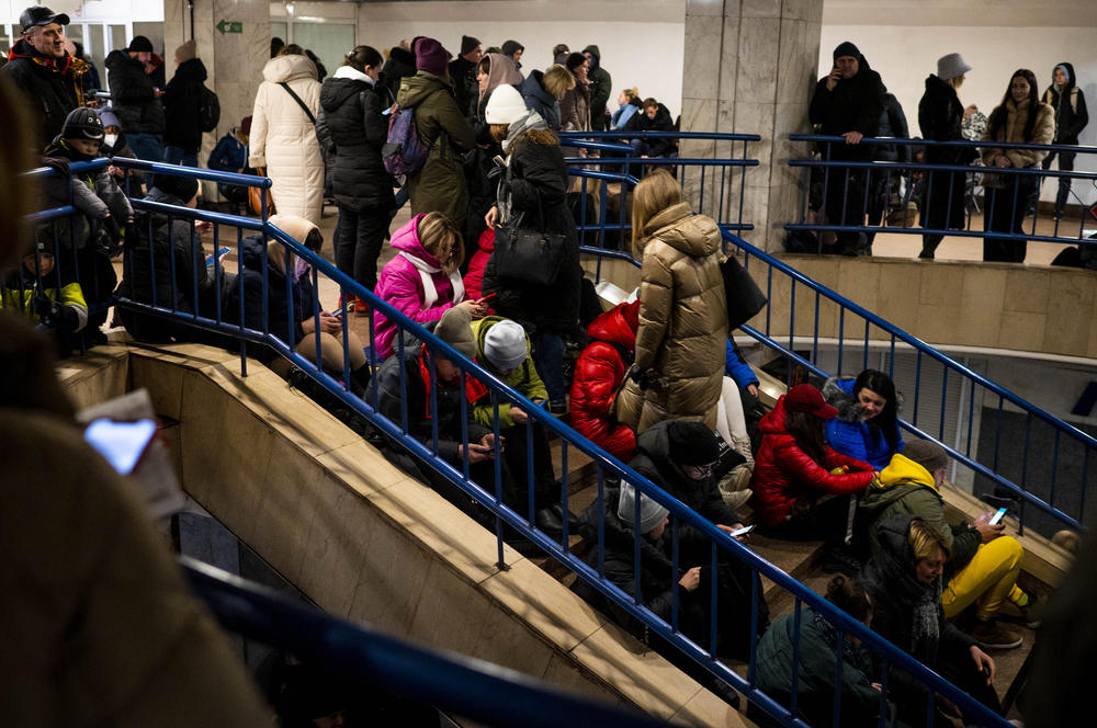 Civilians take shelter in Akademmistechko Metro during an air alert in Kyiv on Monday. Russia renewed its missile attacks across Ukraine on Monday.