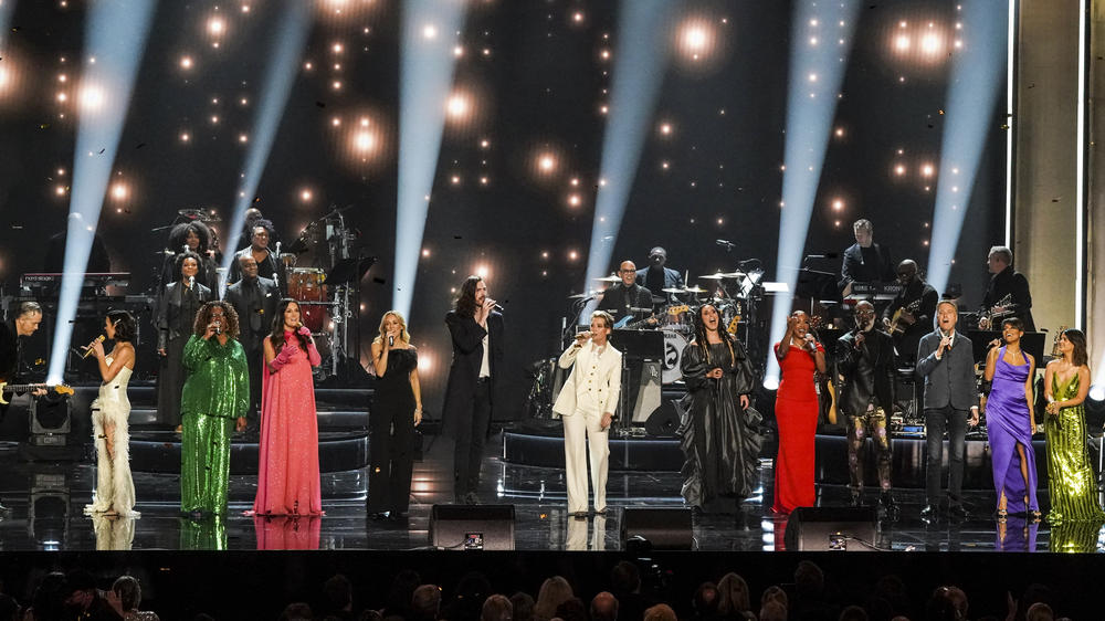 Onstage at the Kennedy Center Honors Sunday (from left): Amanda Shires, Dianne Reeves, Natalie Hemby, Sheryl Crow, Hozier, Brandi Carlile, Jamala, Mickey Guyton, BeBe Winans, Michael W. Smith, Ariana DeBose and Maren Morris.