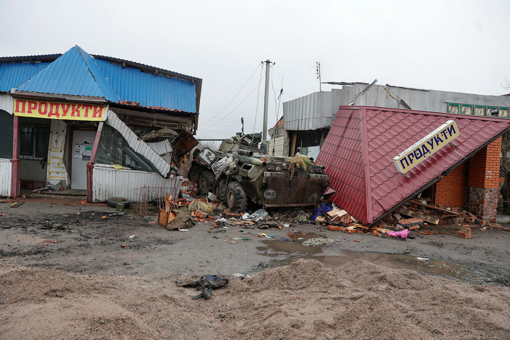 A damaged Russian BTR-82 is seen in the village of Nova Basan, Ukraine, on April 1.