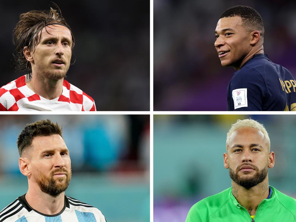 <strong>Top left:</strong> Luka Modrić of Croatia in action on Dec. 5 in Al Wakrah, Qatar. <strong>Bottom left: </strong>Lionel Messi of Argentina at Ahmad Bin Ali Stadium on Dec. 3 in Doha, Qatar. <strong>Top right: </strong>Kylian Mbappé<strong> </strong>of France celebrates after scoring a goal on Dec. 4 in Doha, Qatar. <strong>Bottom right: </strong>Neymar of Brazil on Dec. 5 in Doha, Qatar.