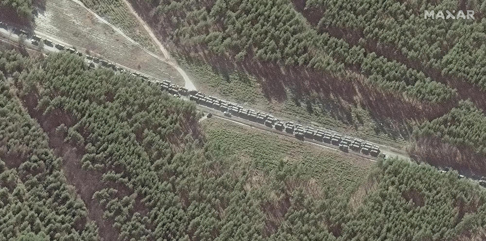 Satellite imagery of the northern end of the Russian convoy southeast of Ivankiv, Ukraine, on Feb. 28.