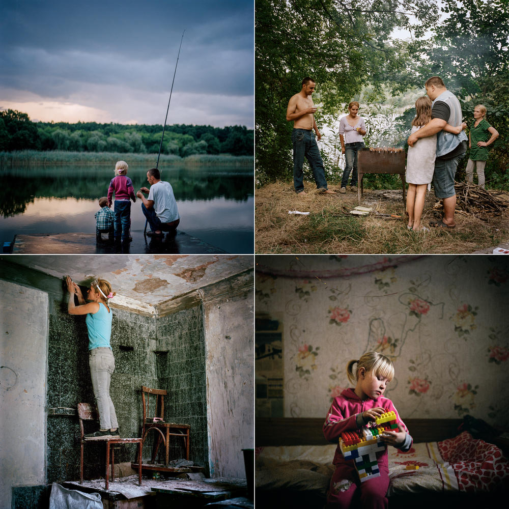 Top left: Nikolay fishes with Kirill and Miroslava during a weekend picnic in July 2019. Top right: The Grinik family prepares a barbecue at a weekend picnic in July 2019. Bottom left: In the same month, Valentina Mountyan, Olga Grinik's sister, helps a neighbor repair her bakery, which was damaged by shelling. Bottom right: Miroslava Grinik plays with her toys in January 2021. Avdiivka, Ukraine.