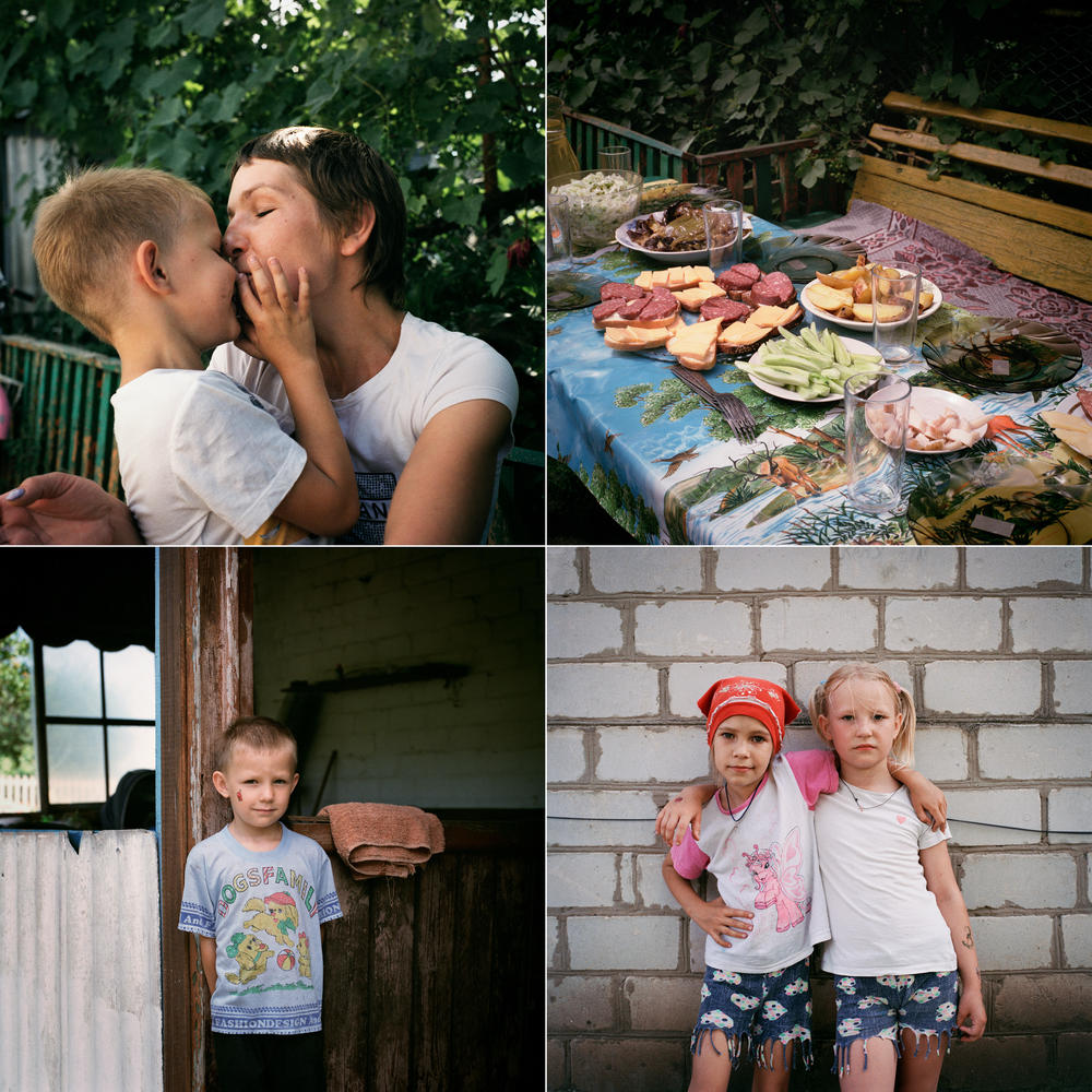 Top left: Olga and Kirill. Top right: Lunch with the Griniks. Bottom left: Kirill. Bottom right: Miraslava Grinik (right) and her cousin, Angelina Drobysh. Poltava region, where the family fled to escape the war, in June 2022.